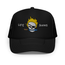 Load image into Gallery viewer, Life Sucks Embroidered Trucker Hat
